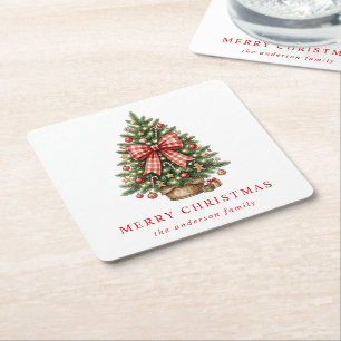 Posavasos Cuadrado De Papel Elegante árbol de Navidad en acuarela con lazo de