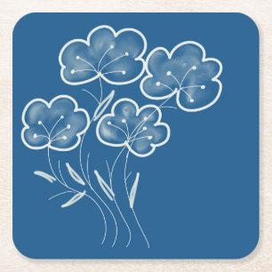 Posavasos Cuadrado De Papel Elegante arte floral azul