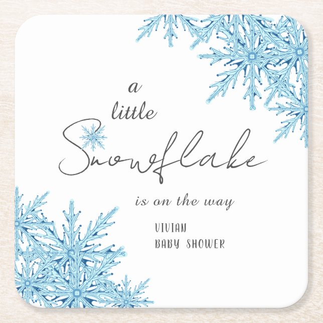 Posavasos Cuadrado De Papel Elegante Baby Shower Blue Little Snowflake de invi (Anverso)