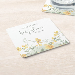 Posavasos Cuadrado De Papel Elegante Baby Shower Floral Amarillo