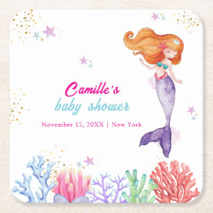 Posavasos Cuadrado De Papel Elegante Bajo La Sirenita De Mar Coral Baby Shower