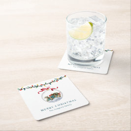 Posavasos Cuadrado De Papel Elegante Bauble Rojo Bow Feliz Navidad