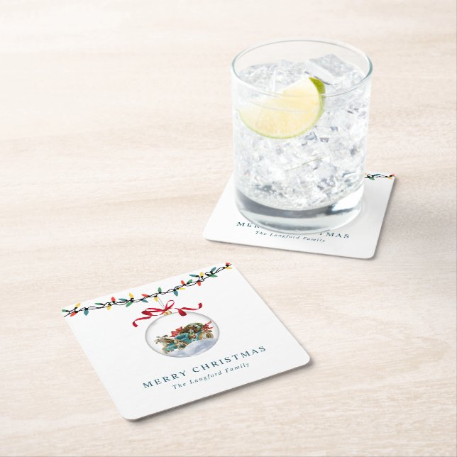 Posavasos Cuadrado De Papel Elegante Bauble Rojo Bow Feliz Navidad (In situ)