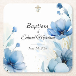 Posavasos Cuadrado De Papel Elegante Bautismo Azul Dusto Floral