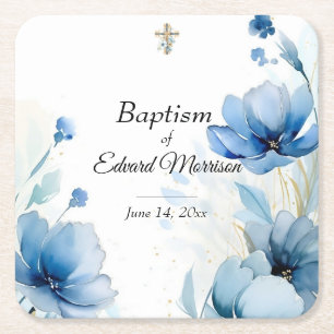 Posavasos Cuadrado De Papel Elegante Bautismo Azul Dusto Floral