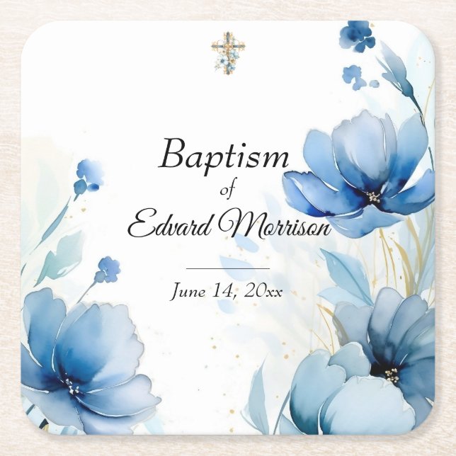 Posavasos Cuadrado De Papel Elegante Bautismo Azul Dusto Floral (Anverso)