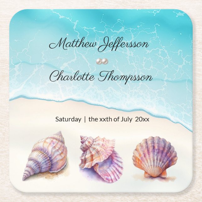 Posavasos Cuadrado De Papel Elegante Beach Wedding Seashells Perlas Náuticas (Anverso)