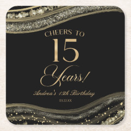Posavasos Cuadrado De Papel Elegante Black Gold Agate 15th Birthday Party