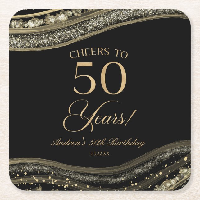 Posavasos Cuadrado De Papel Elegante Black Gold Agate 50 cumpleaños (Anverso)