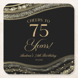 Posavasos Cuadrado De Papel Elegante Black Gold Agate 75th Birthday Party