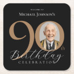 Posavasos Cuadrado De Papel Elegante Black Gold Photo 90th Birthday Party<br><div class="desc">Elegante montaña de papel cuadrada de la fiesta de cumpleaños 90 de la foto del oro negro. Celebra un cumpleaños histórico con nuestro elegante diseño negro y dorado, perfecto para añadir un toque de sofisticación a tu día especial. Este diseño de personalizable presenta un elegante fondo negro adornado con elegantes...</div>