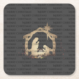 Posavasos Cuadrado De Papel Elegante Black Silver Natividad Feliz Navidad