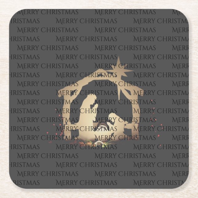 Posavasos Cuadrado De Papel Elegante Black Silver Natividad Feliz Navidad (Anverso)