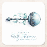 Posavasos Cuadrado De Papel Elegante Blue Baby Rattle Boy Baby Shower<br><div class="desc">Añada un toque de encanto a su ducha de bebé con estas elegantes tiras cuadradas de papel de roble azul. Con un diseño de roble azul de inspiración vintage, estas tiras son perfectas para proteger sus superficies y complementar la decoración de la ducha para bebés. Personalizar con un nombre o...</div>