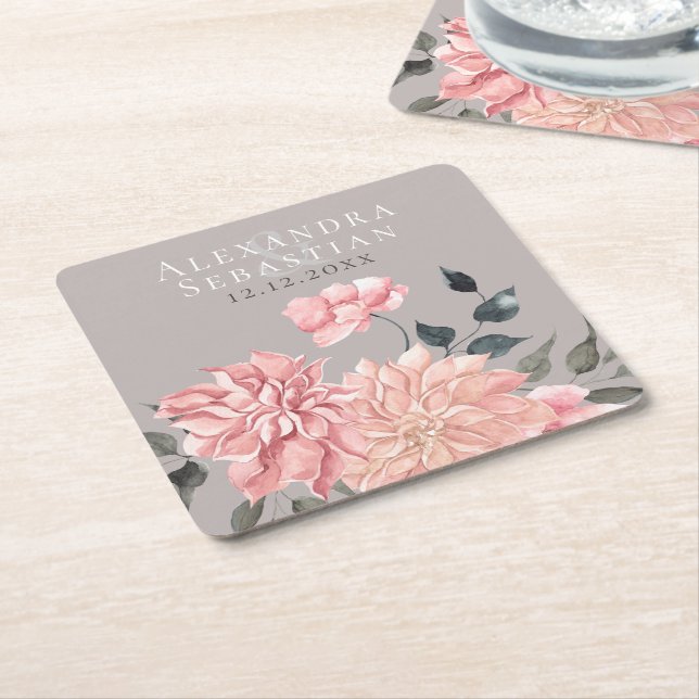 Posavasos Cuadrado De Papel Elegante Boda acuarela floral (En perspectiva)