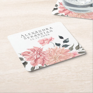 Posavasos Cuadrado De Papel Elegante Boda acuarela floral