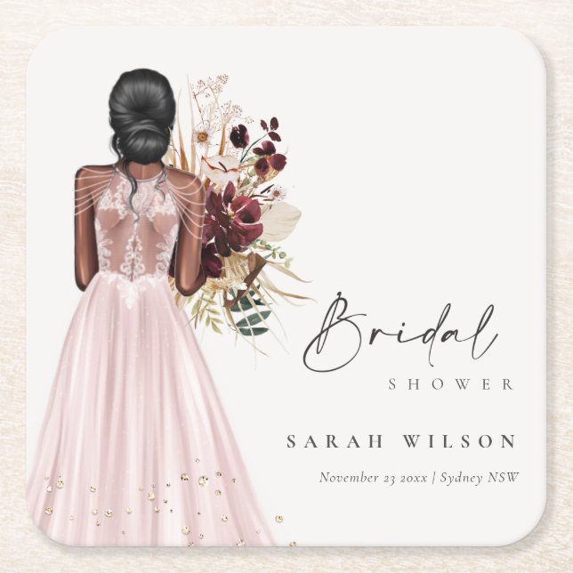 Posavasos Cuadrado De Papel Elegante Boda Boho Rubor Gown Bridal Shower (Anverso)