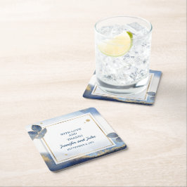 Posavasos Cuadrado De Papel Elegante Boda botánico de hojas de oro azules