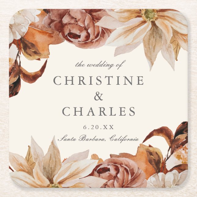 Posavasos Cuadrado De Papel Elegante Boda de acuarela de otoño (Anverso)