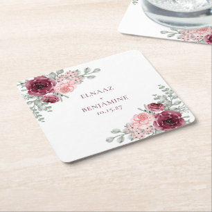 Posavasos Cuadrado De Papel Elegante boda de acuarela de rosa rosa y borgoña