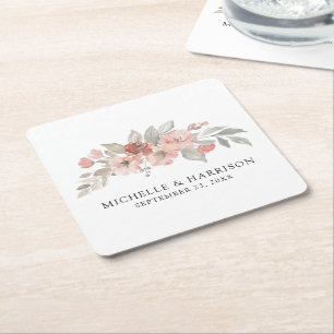 Posavasos Cuadrado De Papel Elegante Boda de color de agua floral rosa Rubor