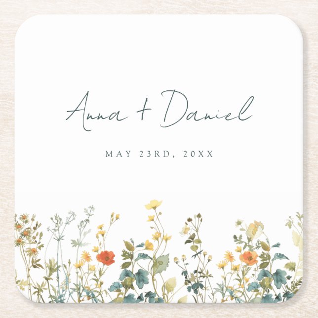 Posavasos Cuadrado De Papel Elegante Boda de Flor Silvestre (Anverso)