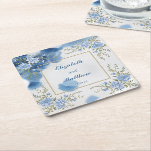 Posavasos Cuadrado De Papel Elegante boda de flores de color blanco y azul