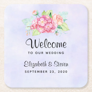 Posavasos Cuadrado De Papel Elegante Boda de flores de color rosa