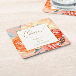 Posavasos Cuadrado De Papel Elegante Boda de guiones florales de Rubor Gold