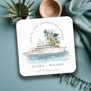 Posavasos Cuadrado De Papel Elegante Boda de la Palm Seascape del Barco de Cru