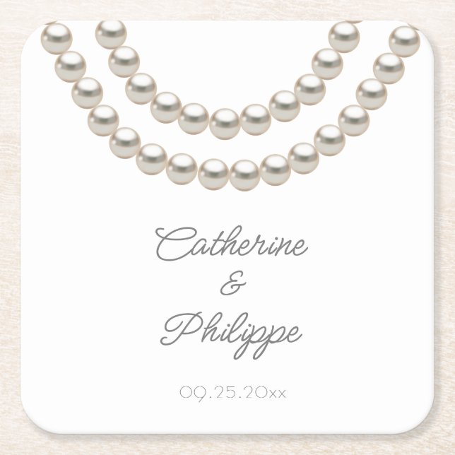 Posavasos Cuadrado De Papel Elegante Boda de la Perla (Anverso)