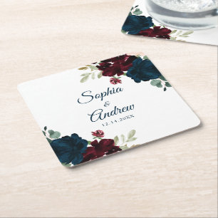 Posavasos Cuadrado De Papel Elegante Boda de Madera Rústica Burgundy y Navy