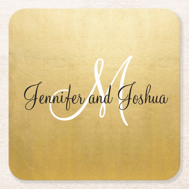 Posavasos Cuadrado De Papel Elegante Boda de oro personalizado (Anverso)