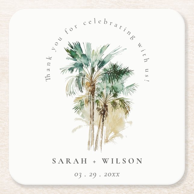 Posavasos Cuadrado De Papel Elegante Boda de Palm Trees Tropicales (Anverso)