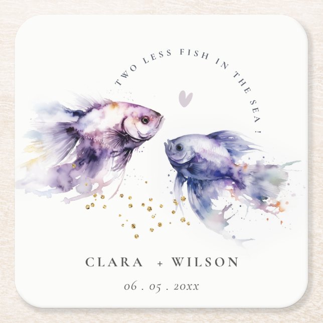 Posavasos Cuadrado De Papel Elegante Boda de Pescado Costero Lilac (Anverso)