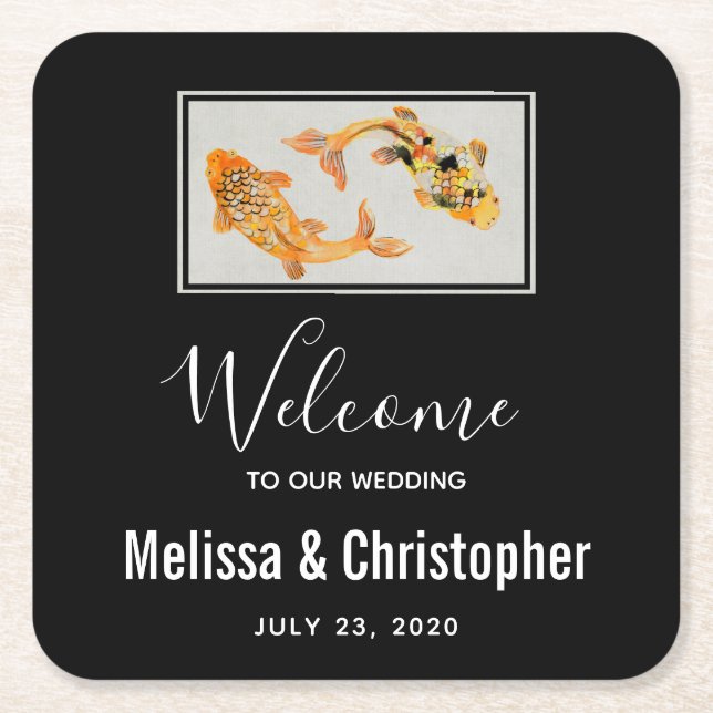 Posavasos Cuadrado De Papel Elegante Boda de pescado de Koi Gold (Anverso)
