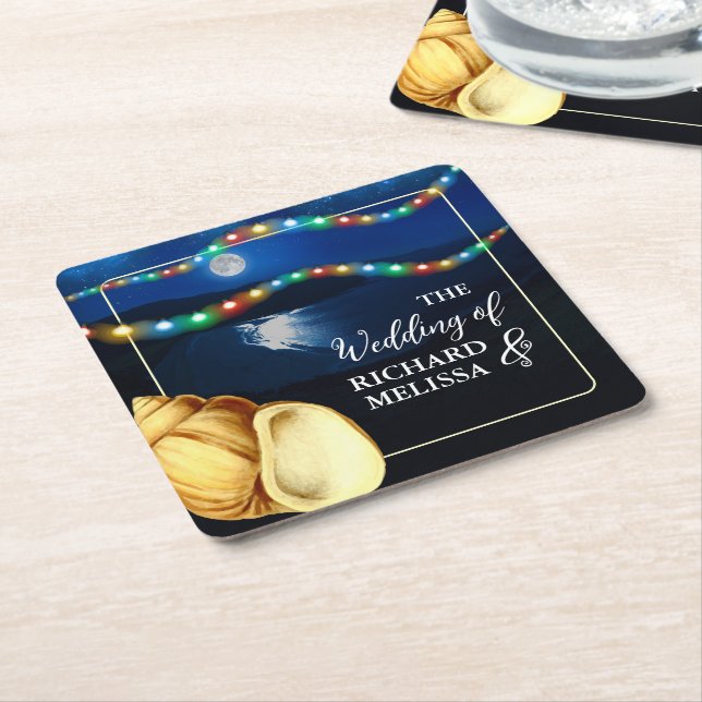 Posavasos Cuadrado De Papel Elegante Boda de Playa Monoiluminada (En perspectiva)