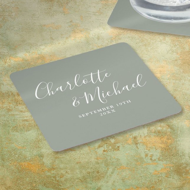 Posavasos Cuadrado De Papel Elegante Boda de Sage Green con guión de firma (Elegant Signature Script Sage Green Wedding Square Paper Coaster)