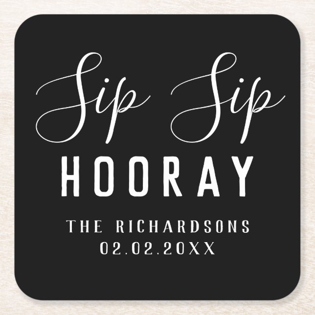 Posavasos Cuadrado De Papel Elegante Boda de Sip Sip Negro Personalizado (Anverso)