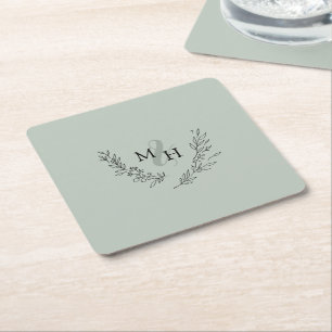 Posavasos Cuadrado De Papel Elegante Boda de Wreath Sage monograma