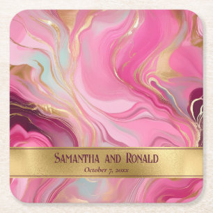 Posavasos Cuadrado De Papel Elegante Boda Faux Gold y Pink Marble