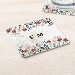 Posavasos Cuadrado De Papel Elegante Boda Floral Azul Borgoña MONOGRAMADO