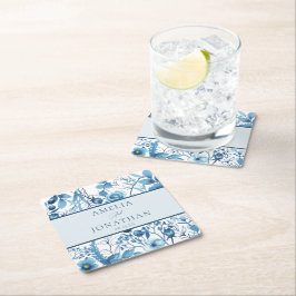 Posavasos Cuadrado De Papel Elegante Boda Floral Azul Ensayo Cena