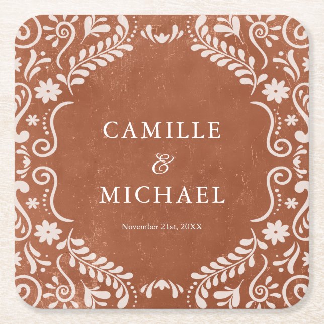 Posavasos Cuadrado De Papel Elegante Boda mexicano Papel Picado (Anverso)