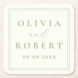 Posavasos Cuadrado De Papel Elegante Boda Minimalista Marfil Verde Salvia