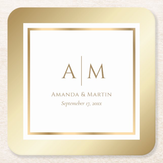 Posavasos Cuadrado De Papel Elegante Boda Monogramado Gold (Anverso)