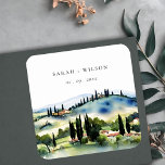 Posavasos Cuadrado De Papel Elegante Boda paisajístico toscano-italiano<br><div class="desc">Colección temática del paisaje acuático de la Toscana Italia.- es un elegante guion Ilustracion acuarela del paisaje montañoso de la Toscana, perfecto para su boda y fiestas de destino italiano. Es muy fácil de personalizar, con sus datos personales. Si necesita cualquier otro producto o personalización que coincida, por favor envíe...</div>