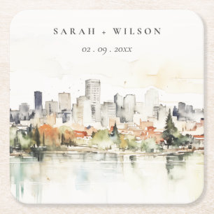 Posavasos Cuadrado De Papel Elegante Boda Portland Oregon Skyline Watercolor