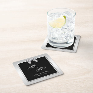 Posavasos Cuadrado De Papel Elegante Bow de Gema de Plata & Boda Negra
