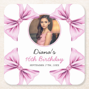 Posavasos Cuadrado De Papel Elegante Bow Rosa Coquette Foto Dulce 16 Cumpleaño